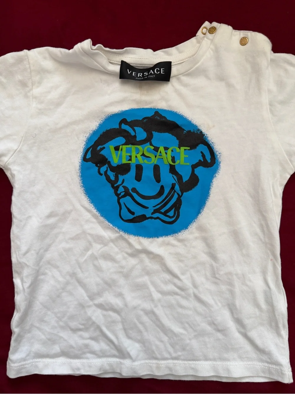 Versace Kids White Tee with Bright Blue Medusa Graphic and Neon Yellow Logo